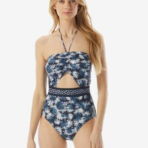 Michael Kors Palm Mix Tropical Cutout Bandeau One-Piece Swimsuit Navy White